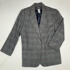Vintage Plaid Wool Blend Blazer Size S/M Gray Classic Preppy Dark Academia